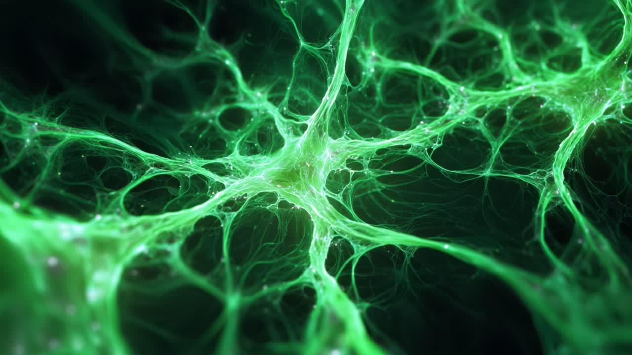 Microscopic view of a glowing green neuron cell transmitting electrical impulses through its complex network of synapses, representing the intricate communication system within the human brain