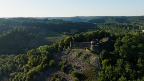Aerial View of a Castle on a Hilltop Surrounded by Forest