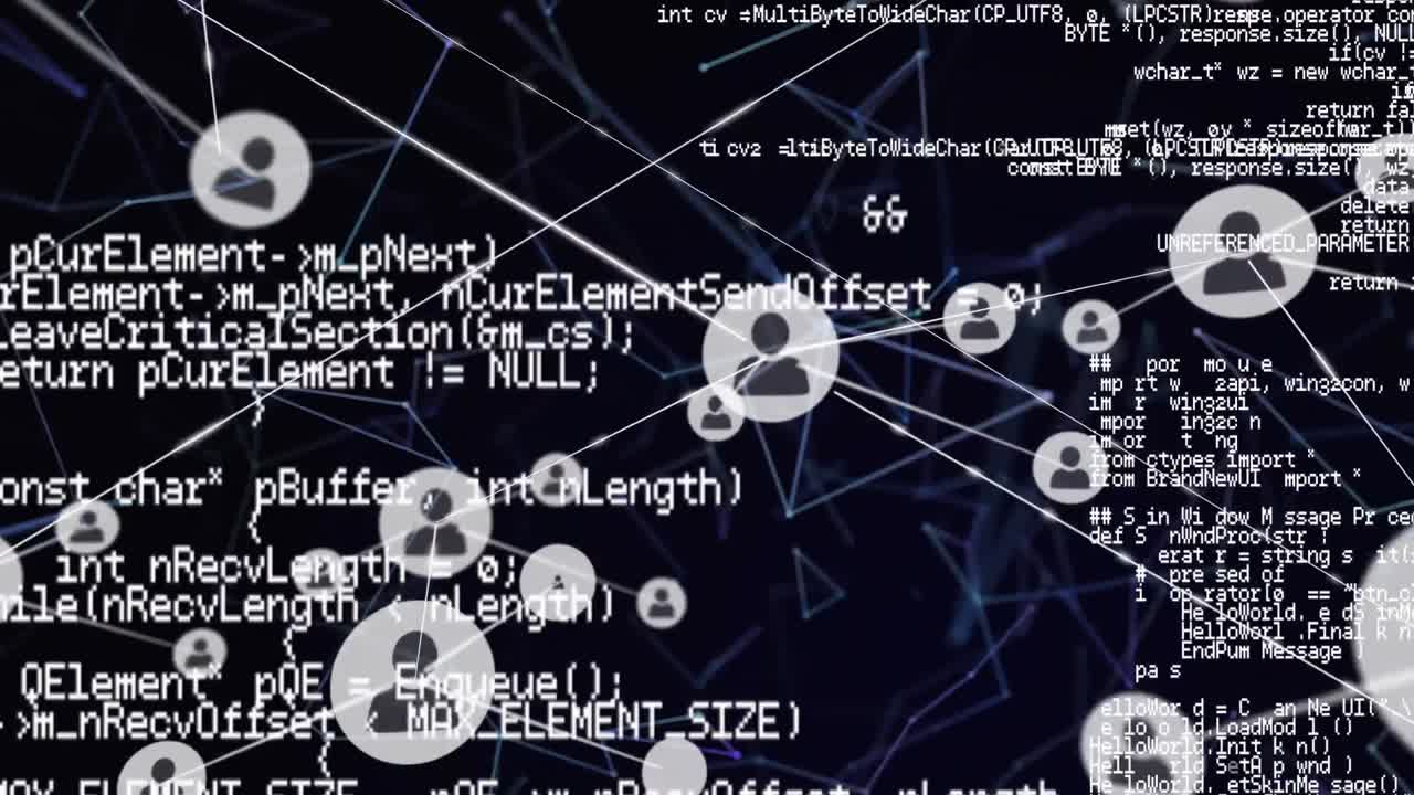 검은 바탕에  ⁇ 색으로 정보와 연결된 사람 아이콘을 표시하는 인터페이스의 애니메이션