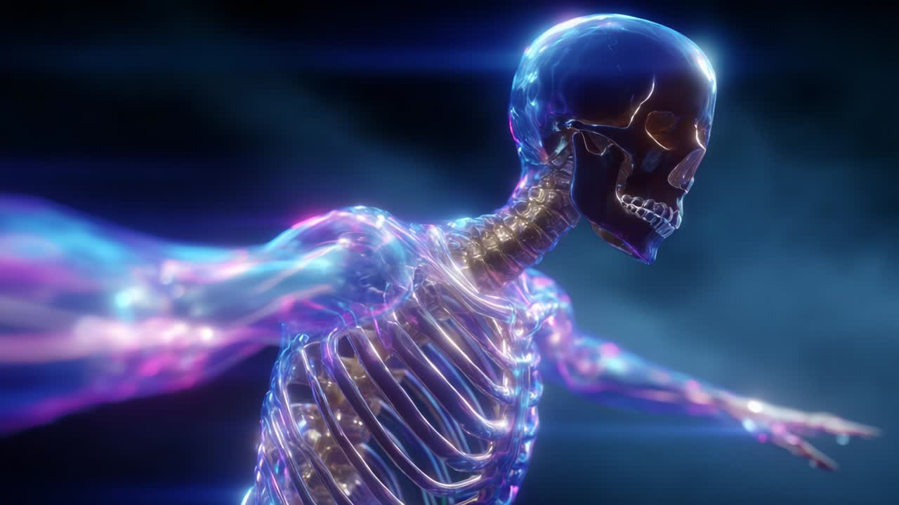 A stunning visual representation of a skeletal figure, illuminated with vibrant colors and ethereal light, showcasing the intricate details of bones and anatomy in a dynamic pose that conveys motion and energy