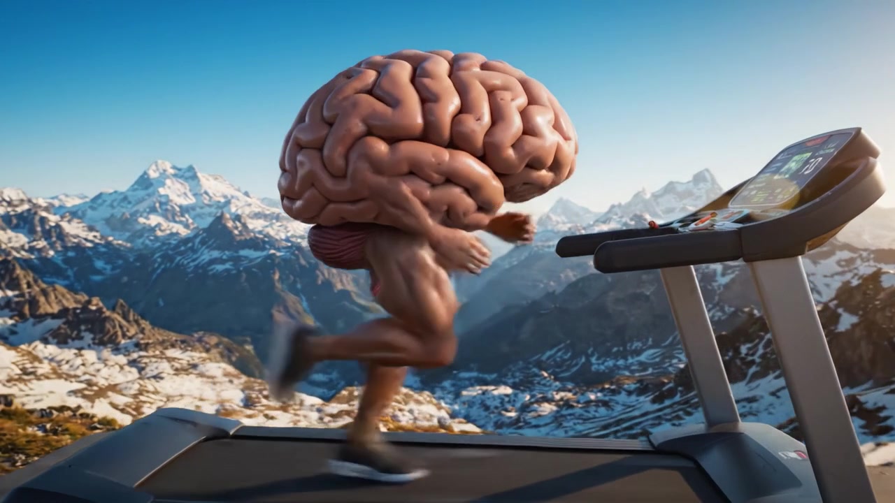 A surreal representation of fitness and mental exercise: a muscular figure with a brain running on a treadmill against a breathtaking mountain backdrop, merging physical and mental strength.