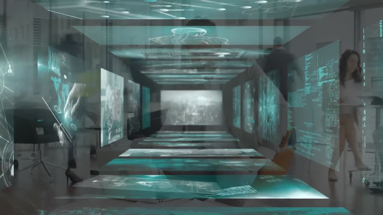 스크린의 애니메이션과 비즈니스 사람들에 대한 데이터 처리