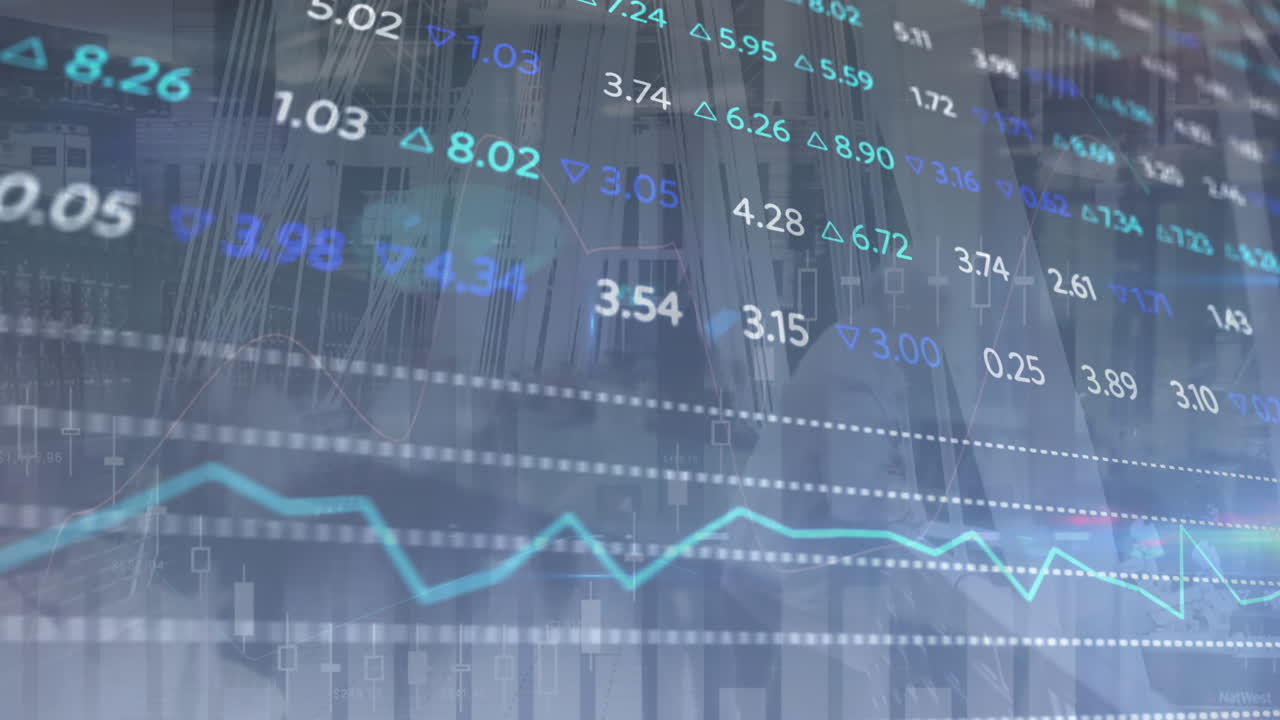 Animation of statistical and stock market data processing against man standing at office