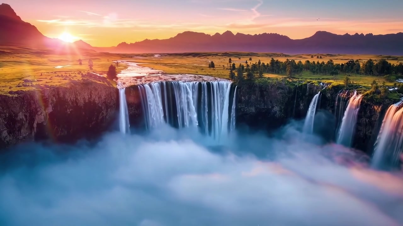 Majestic Waterfall Cascading into Misty Valley at Sunset