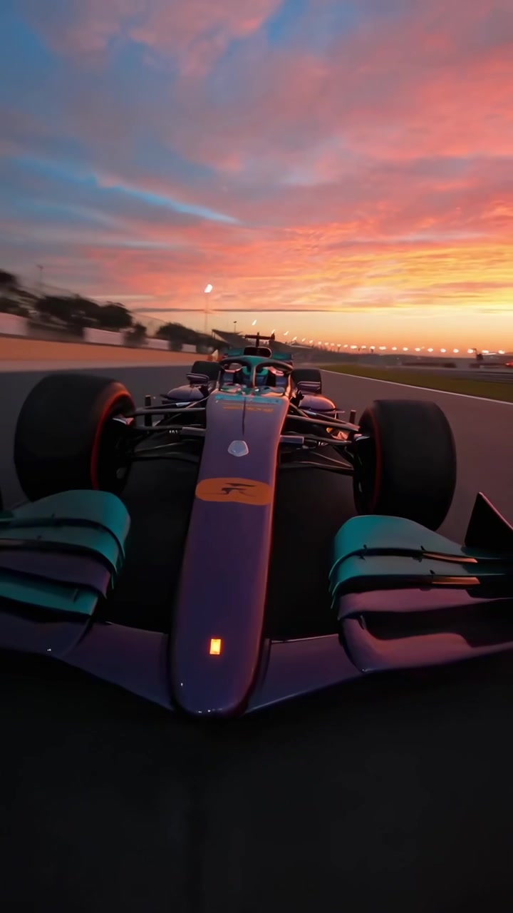 Dynamisk F1-racerbil som kjører på bane ved solnedgang
