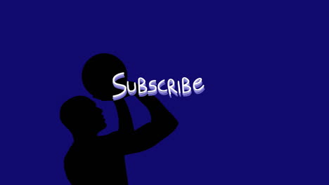 Animación-Del-Texto-De-Suscripción,-Sombra-De-Un-Jugador-De-Baloncesto-Disparando-A-Una-Canasta-Sobre-Fondo-Azul