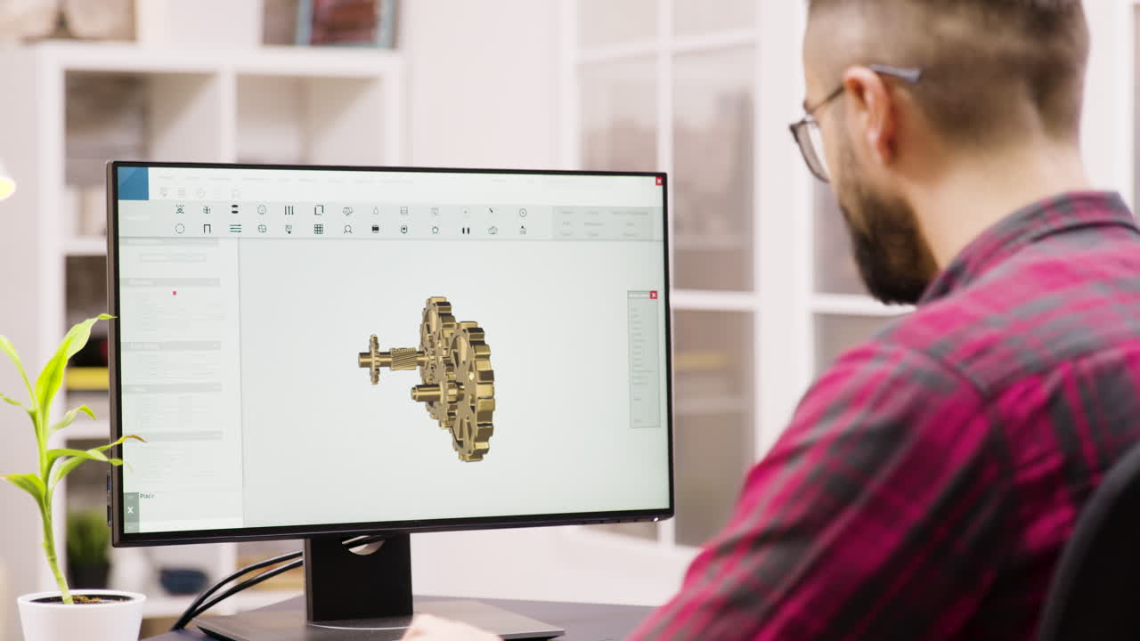 Man working on 3D modeling of gears on computer