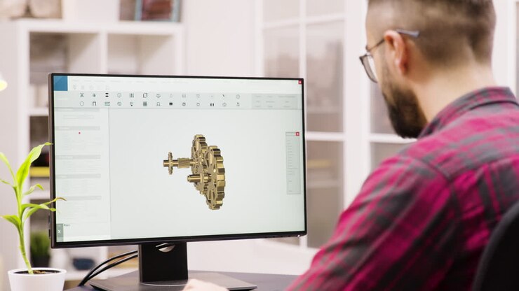 Man working on 3D modeling of gears on computer
