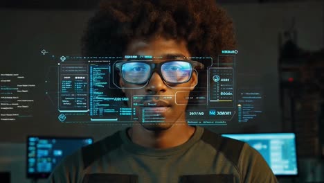 man wearing glasses with futuristic digital overlay interface