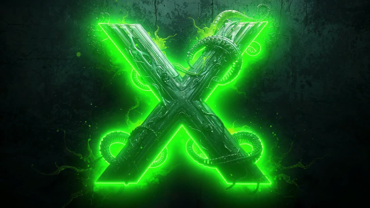 Seeping green energy activating metallic X-shaped structure on rusted wall, glowing fluid pulsating