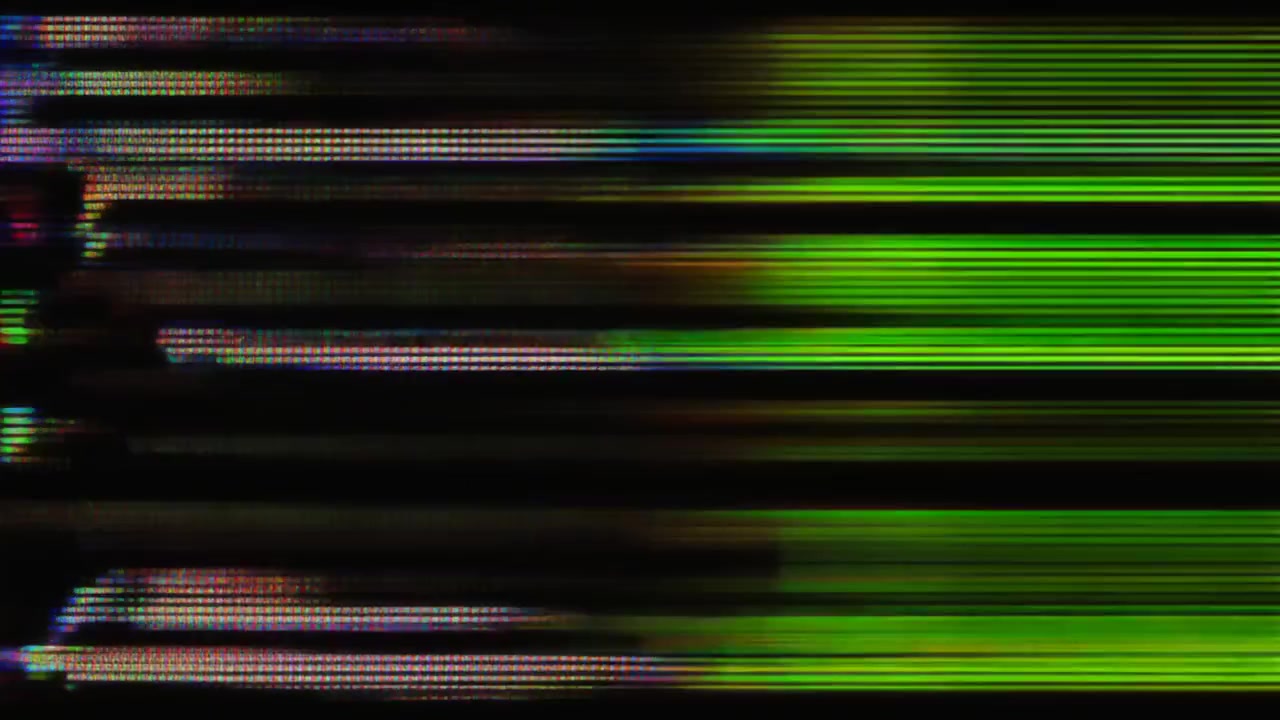 Digital Glitch Effect with Colorful Horizontal Lines on Black Background