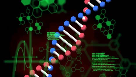 Animation-of-dna-strand-and-medical-data-processing-over-black-background