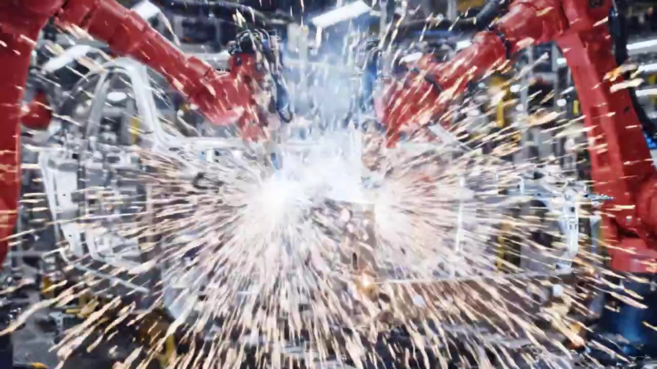 Advanced Robotic Assembly Line in Automotive Manufacturing: High-Efficiency Robots Executing Precision Welding and Assembly for Car Frames