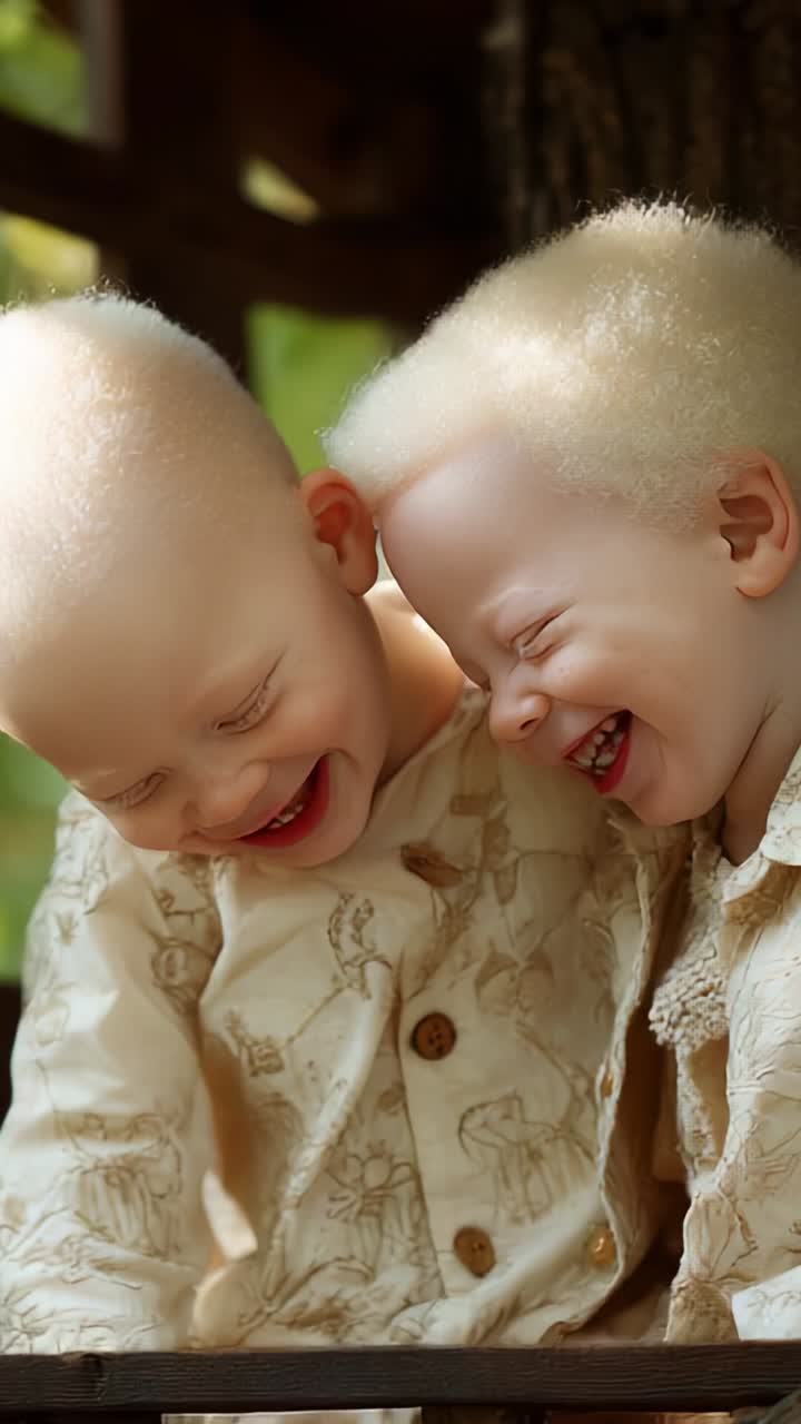 Due bambini felici con capelli biondo chiaro che ridacchiano insieme in un ambiente naturale, catturando la gioia e l'innocenza dell'infanzia, le risate e i momenti di legame