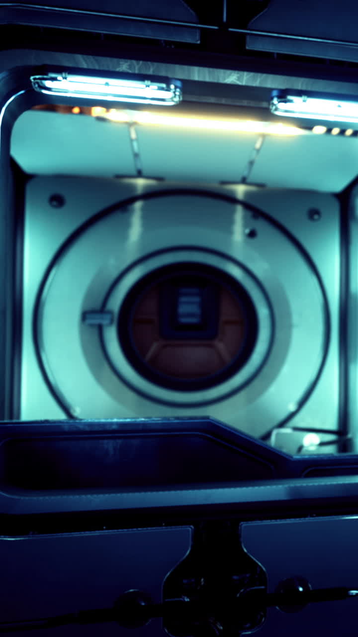 Interno di un modulo spaziale con tecnologia e luci per la ricerca e l'esplorazione.