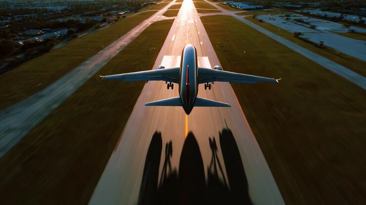 Un aereo decolla verso un tramonto dai colori vivaci, con la sua ombra che si proietta sulla pista, immortalando il dinamico momento dell'ascesa. La luce dorata illumina la scena, sottolineando l'energia e la libertà del volo.