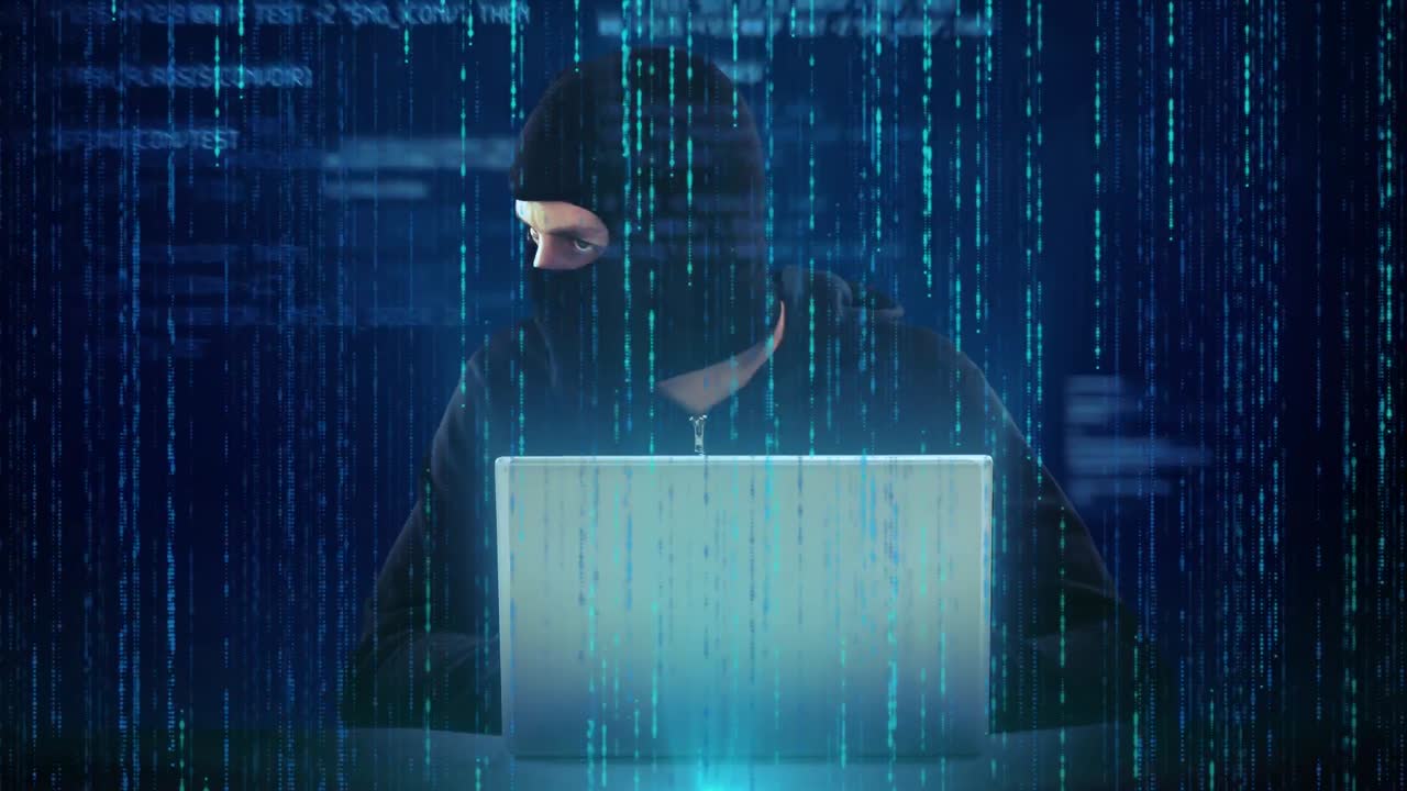 Animation of data processing and caucasian male hacker over blue background