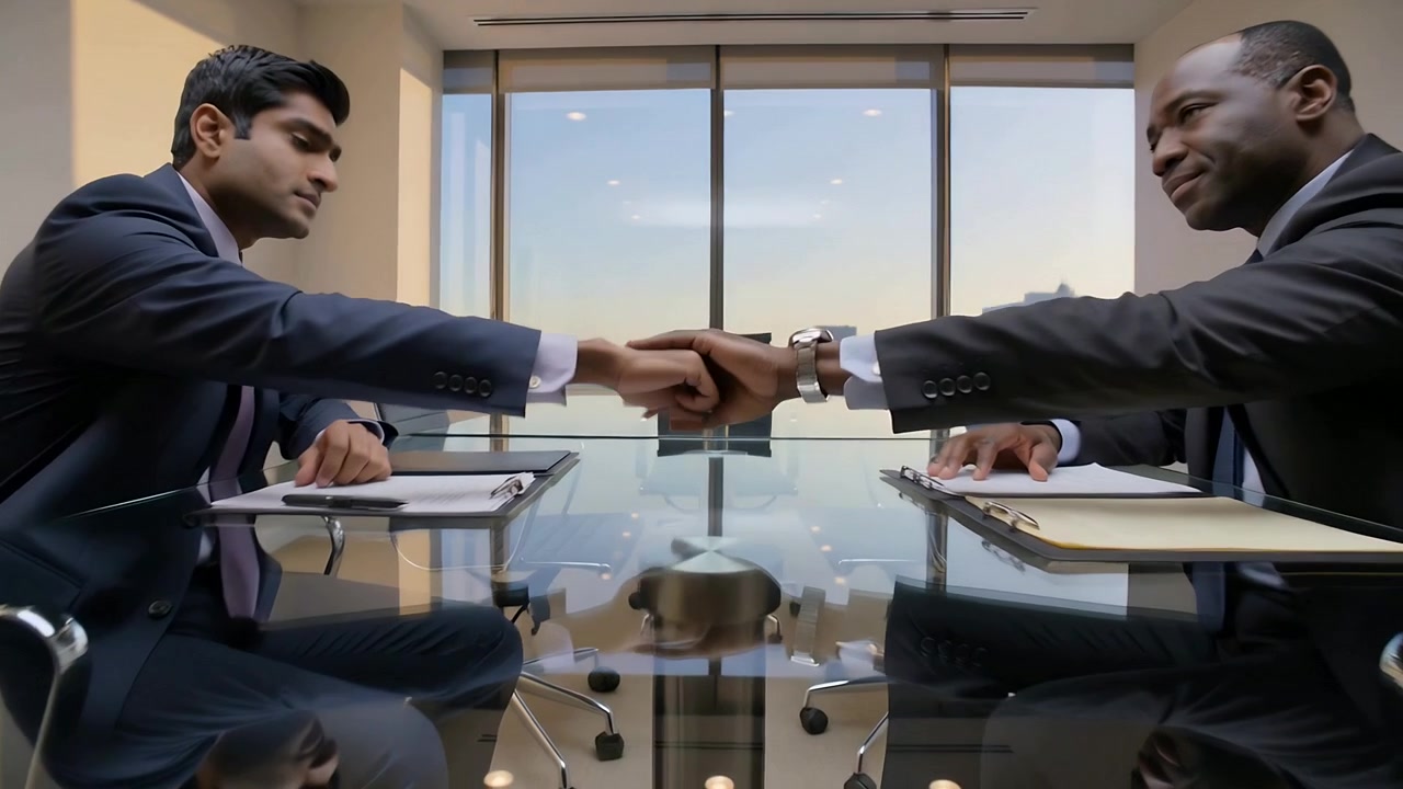Reaching, right man in suit and tie extending hand across glass table, sealing deal with fist-bump