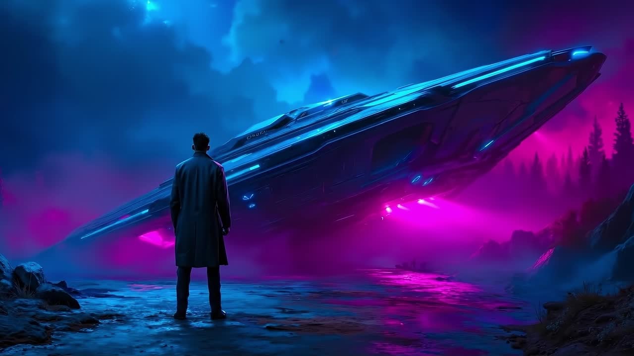 A man standing in front of a futuristic spaceship in the sky