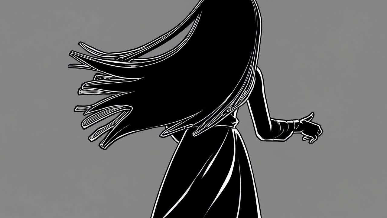 Black and white illustration of a mysterious woman walking away, her long hair flowing in the wind, creating a dramatic and enigmatic atmosphere