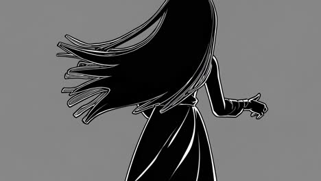 black and white illustration of a mysterious woman walking away, her long hair flowing in the wind, creating a dramatic and enigmatic atmosphere