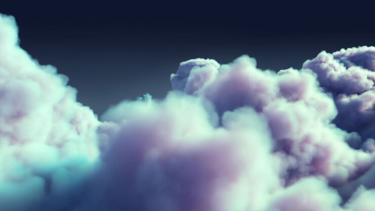 Dense rounded clouds swell and move gradually beneath a deep blue sky, revealing soft cyan, lavender, and pale highlights across layered forms with changing contours and depth.