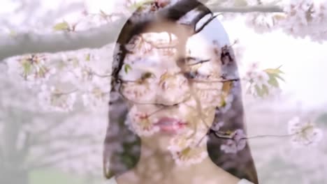 a young woman stands among blooming cherry blossoms, capturing the beauty of spring. soft petals drift around her as she gazes thoughtfully, embracing nature's tranquility.