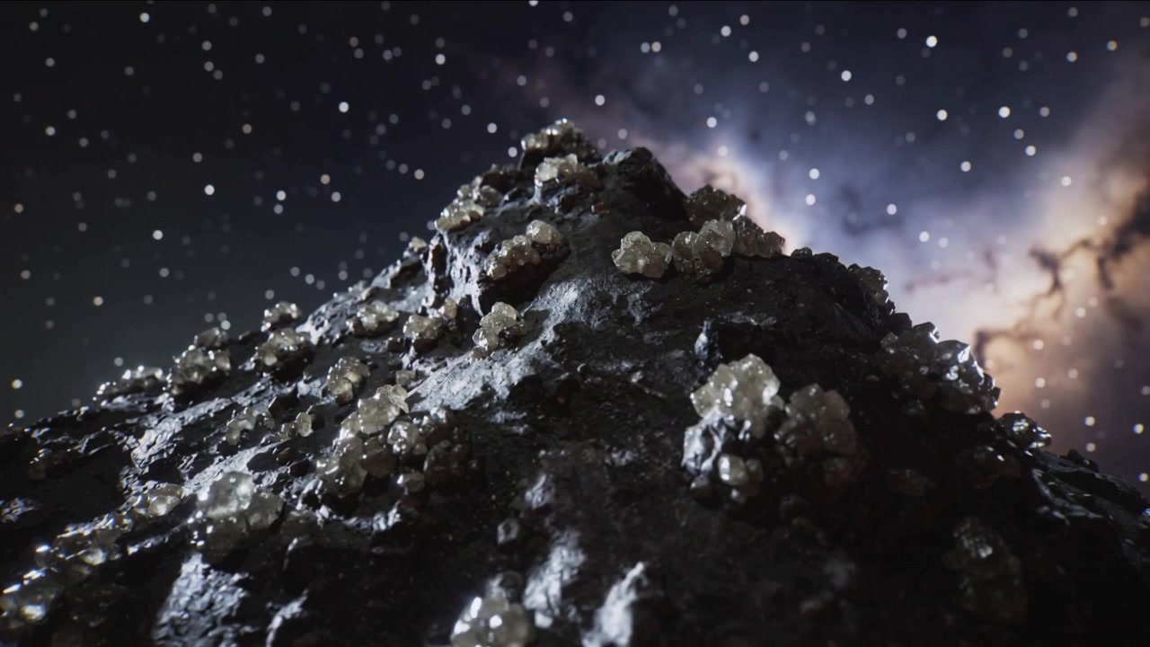 Pulling back camera revealing rocky mound with faceted crystals in starfield nebula