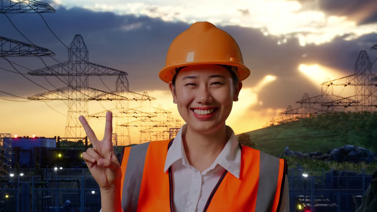 Close Up Of Asian Female Engineer With Safety Helmet Smiling And Showing Peace Gesture While Standing Near High Voltage Tower