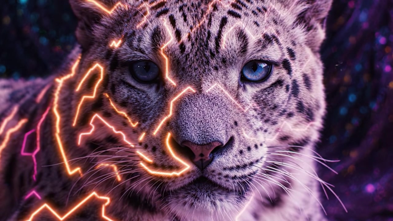 Majestic Snow Leopard with Electric Blue Patterns: A Stunning Display of Nature's Beauty and Artistic Expression in a Vivid Imagery Presentation