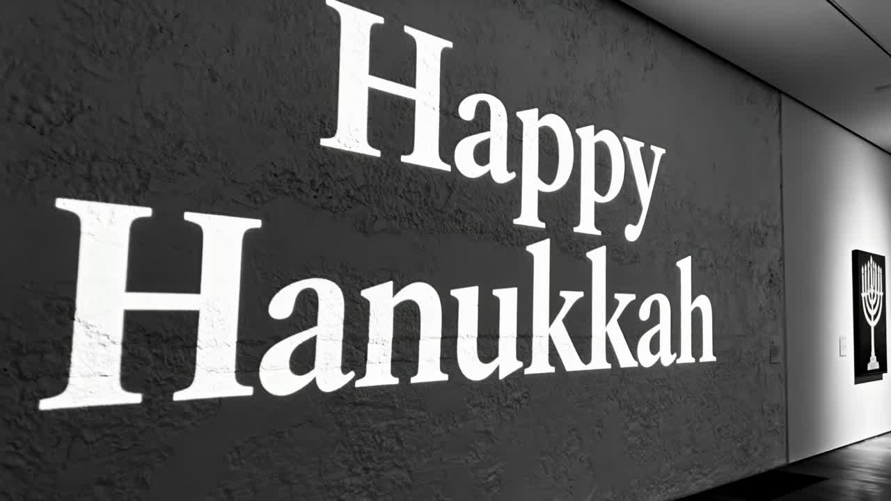 Camera starting dollying along rough hall, zooming Happy Hanukkah text for closeup with menorah