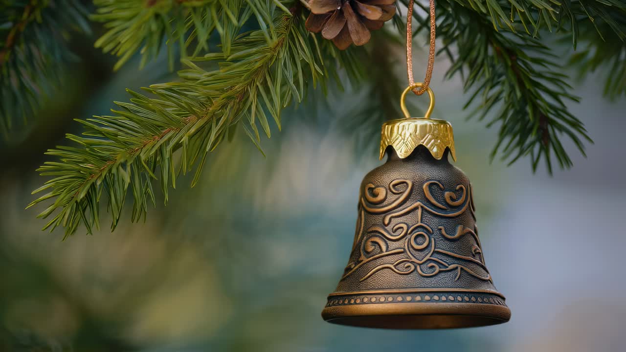 Delicate metal bell ornament hanging gently from pine branch, reflecting intricate holiday craftsmanship with soft seasonal shimmer and traditional festive spirit