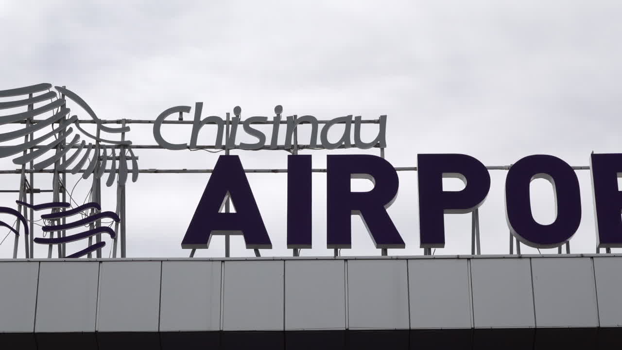 Chisinau airport signboard with the sky on the background
