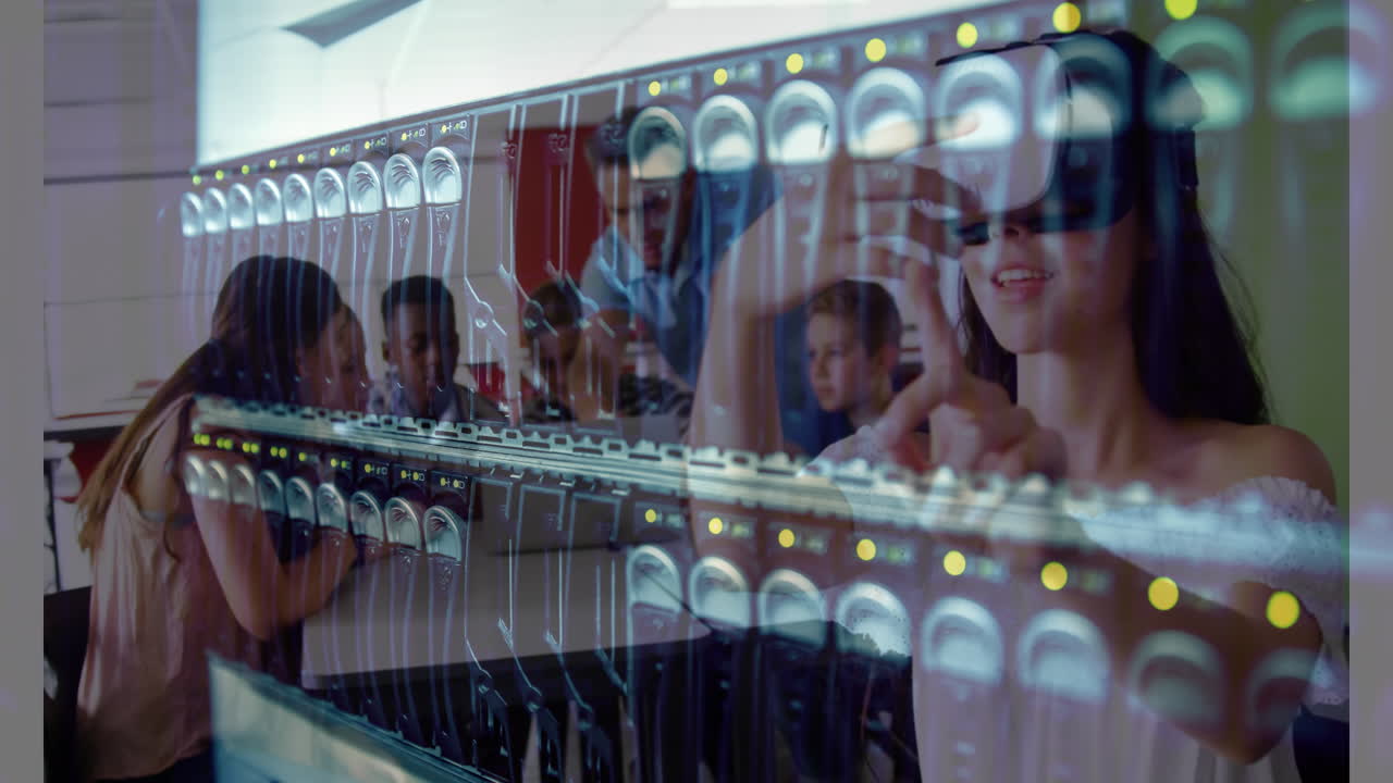 vr 헤드 ⁇ 을 착용한 여학생에 대한 컴퓨터 서버의 애니메이션