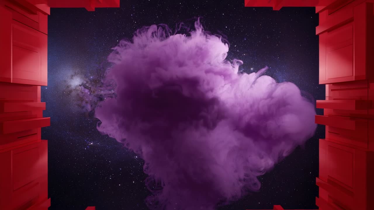 Opening square revealing starfield, purple plume billowing, rising, and obscuring red block frame