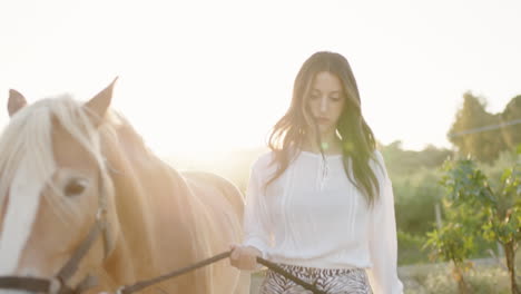 woman walking with horse at sunset