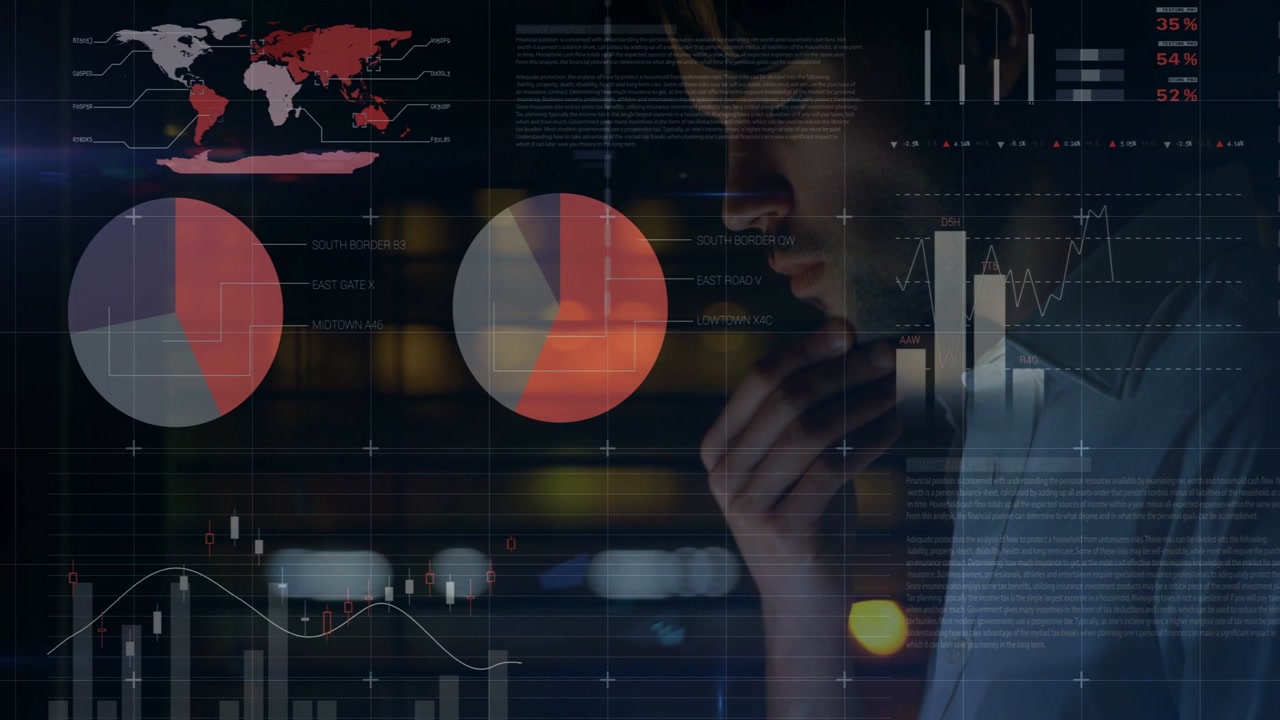 Male analyst tapping and swiping tablet, updating financial charts and map overlays for analysis