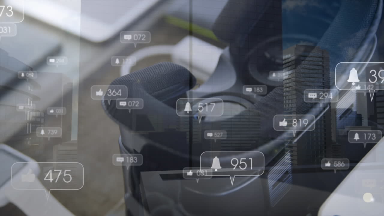 Animation of falling numbers and security shield over vr headset