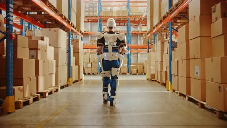 high-tech futuristic warehouse: worker wearing advanced full body powered exoskeleton, walks with heavy cardboard box. exosuit amplifies human performance, strength, eliminates work related injuries