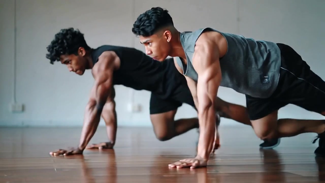 Starting two male fitness partners doing plank knee drives in sync on polished floor, for strength