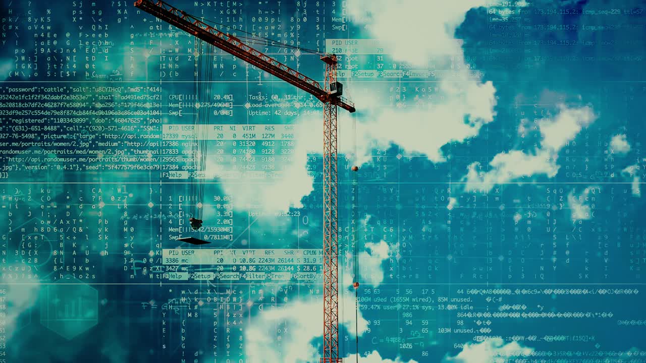 costruzione in time-lapse di un edificio in vetro a 4k con riflessi del cielo e codifica e sovrapposizione di icone aziendali, costruzione concettuale e video tecnologico