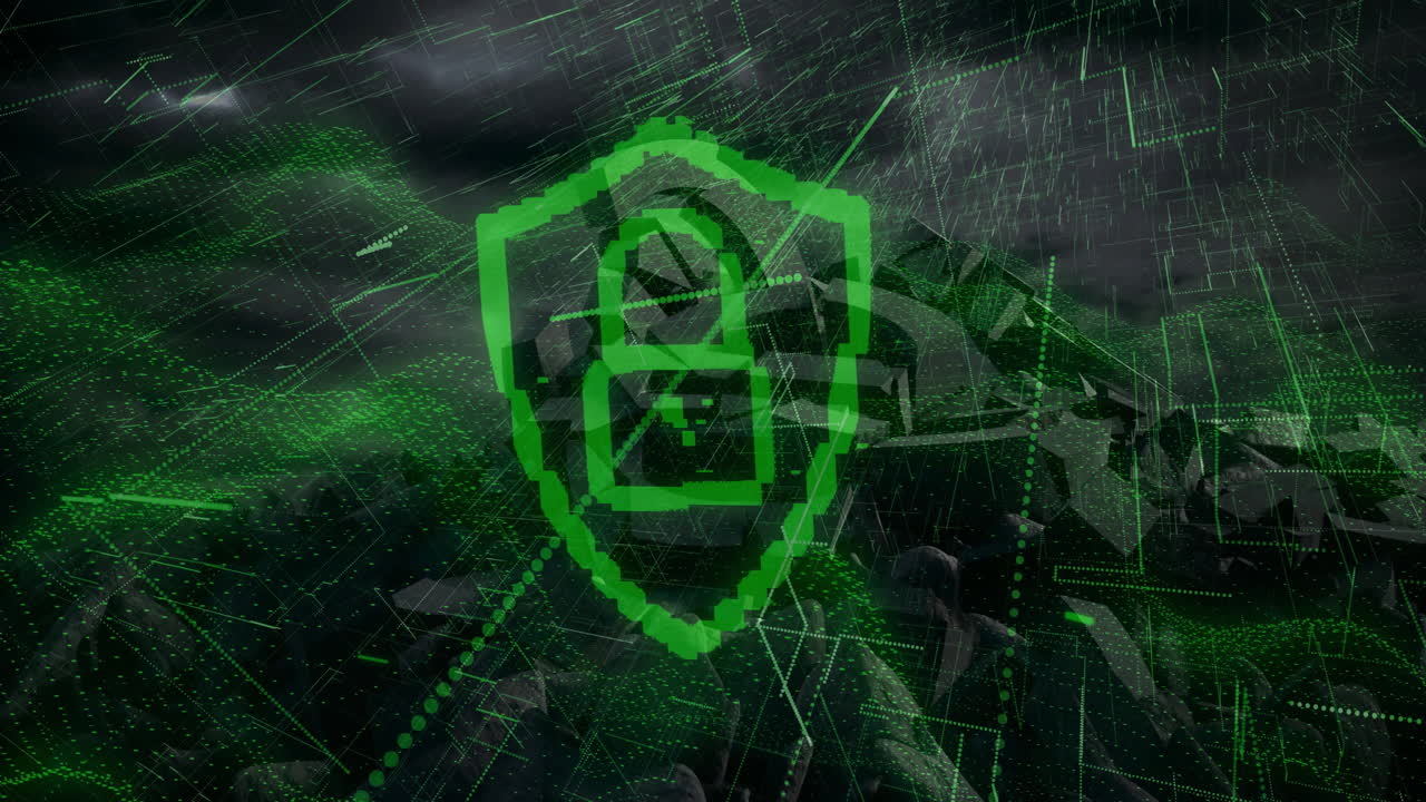 Animation of green digital lock over network of connections and data in school