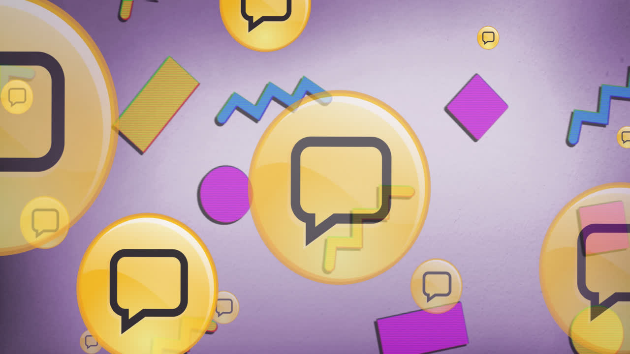 Animazione di icone di messaggi sui social media e forme astratte su sfondo viola