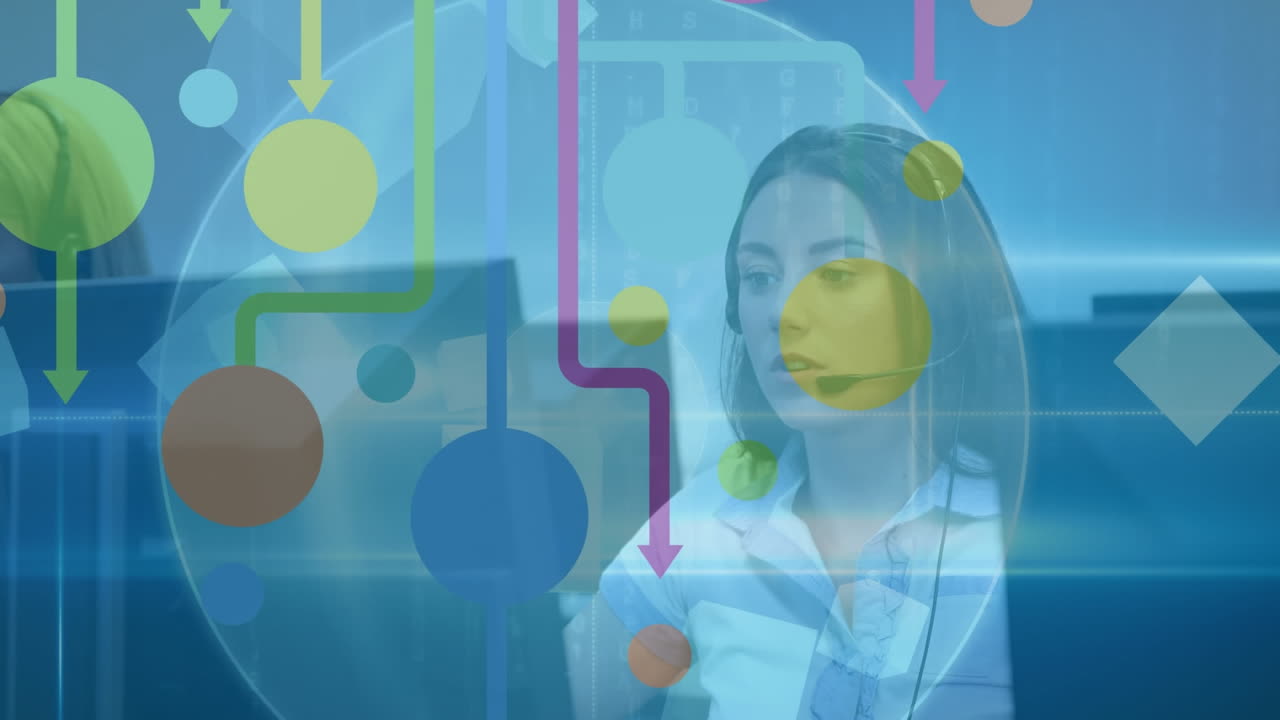 animación de la red de conexiones con iconos sobre personas de negocios que usan auriculares telefónicos