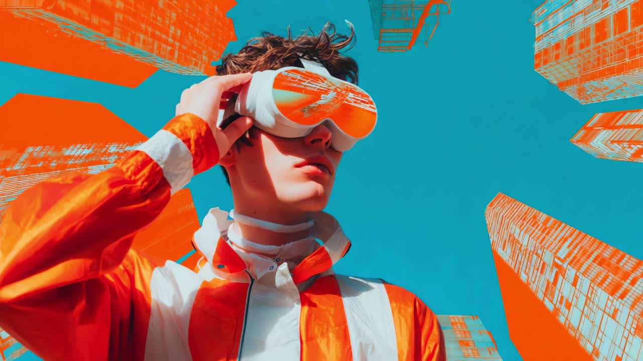 A young person wearing futuristic VR goggles stands amidst a vibrant cityscape, characterized by dramatic colors and towering digital structures, creating a captivating blend of technology and urban art