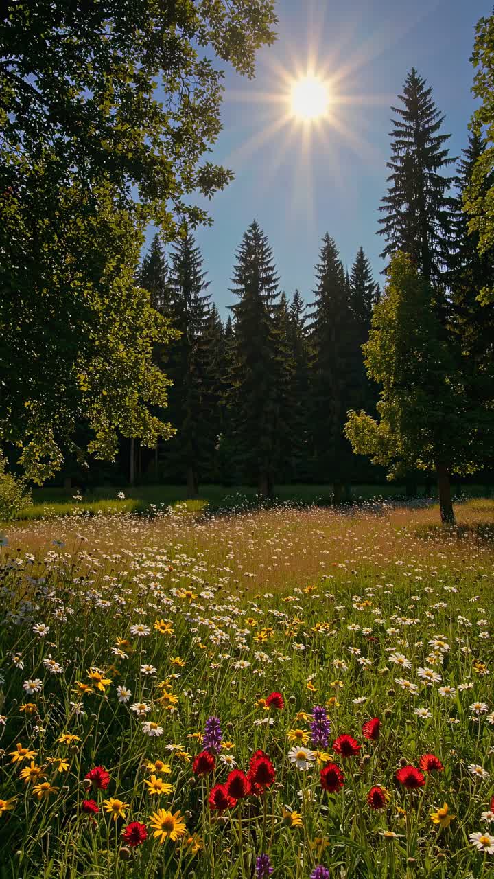 A serene landscape video captures a sunlit meadow with wildflowers, framed by trees, shot from a low