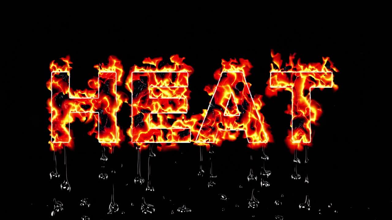 Flaming heat melting the word heat written with burning letters on a black background, ideal for concepts related to high temperature, fire, and climate change