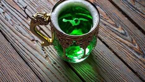 cerveza verde en una taza decorativa