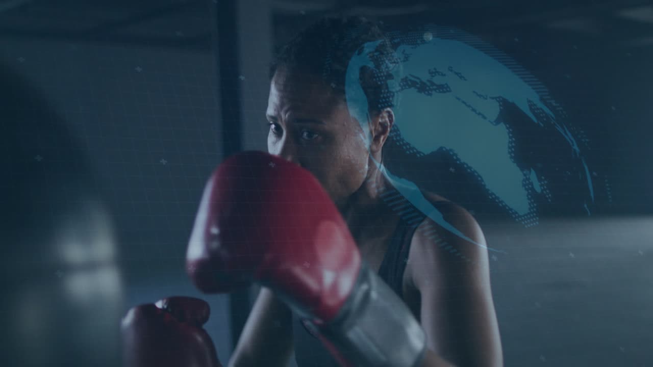Female boxer raising guard and snapping jab, hitting bag while HUD globe charts tracking fitness
