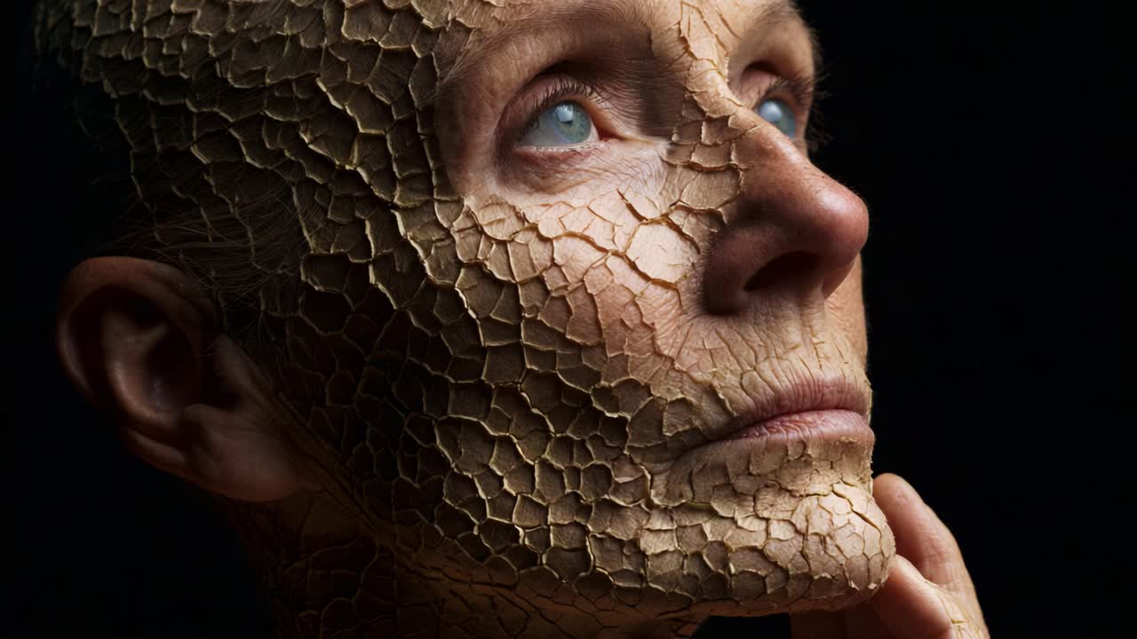 A striking portrayal of a person with a cracked, textured face, evoking emotions of fragility, beauty, and the passage of time in this artistic close-up view against a dark background